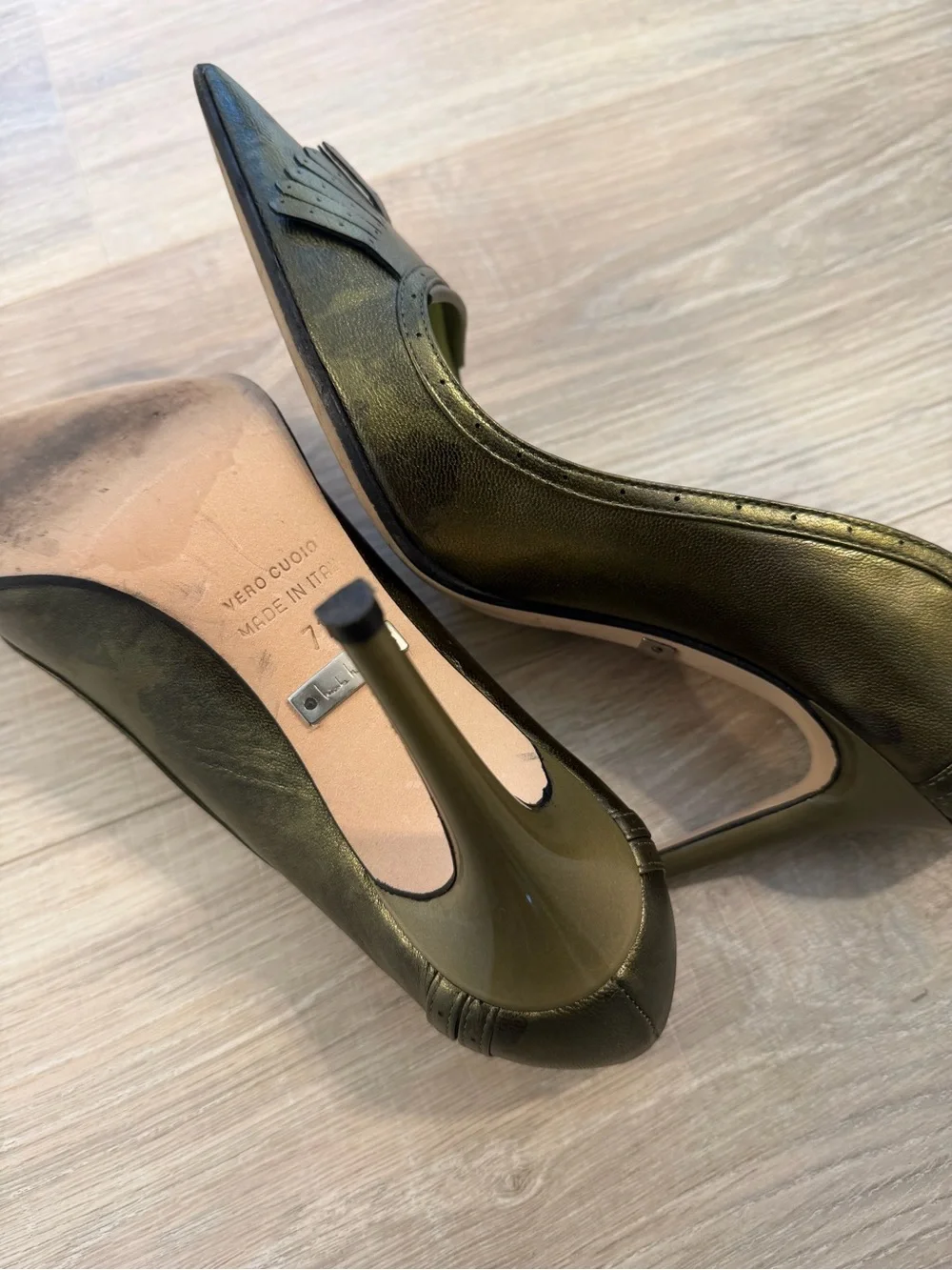 Nicole Miller Olive Green Metallic Pointed-Toe Stiletto Pumps